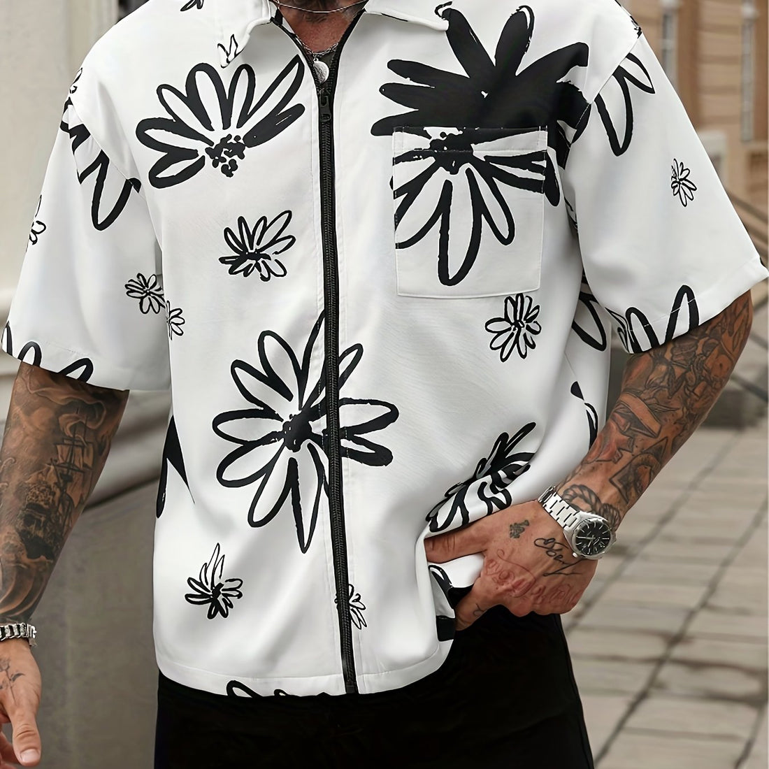 Men's Casual Shirt - Black & White Floral print button-up front