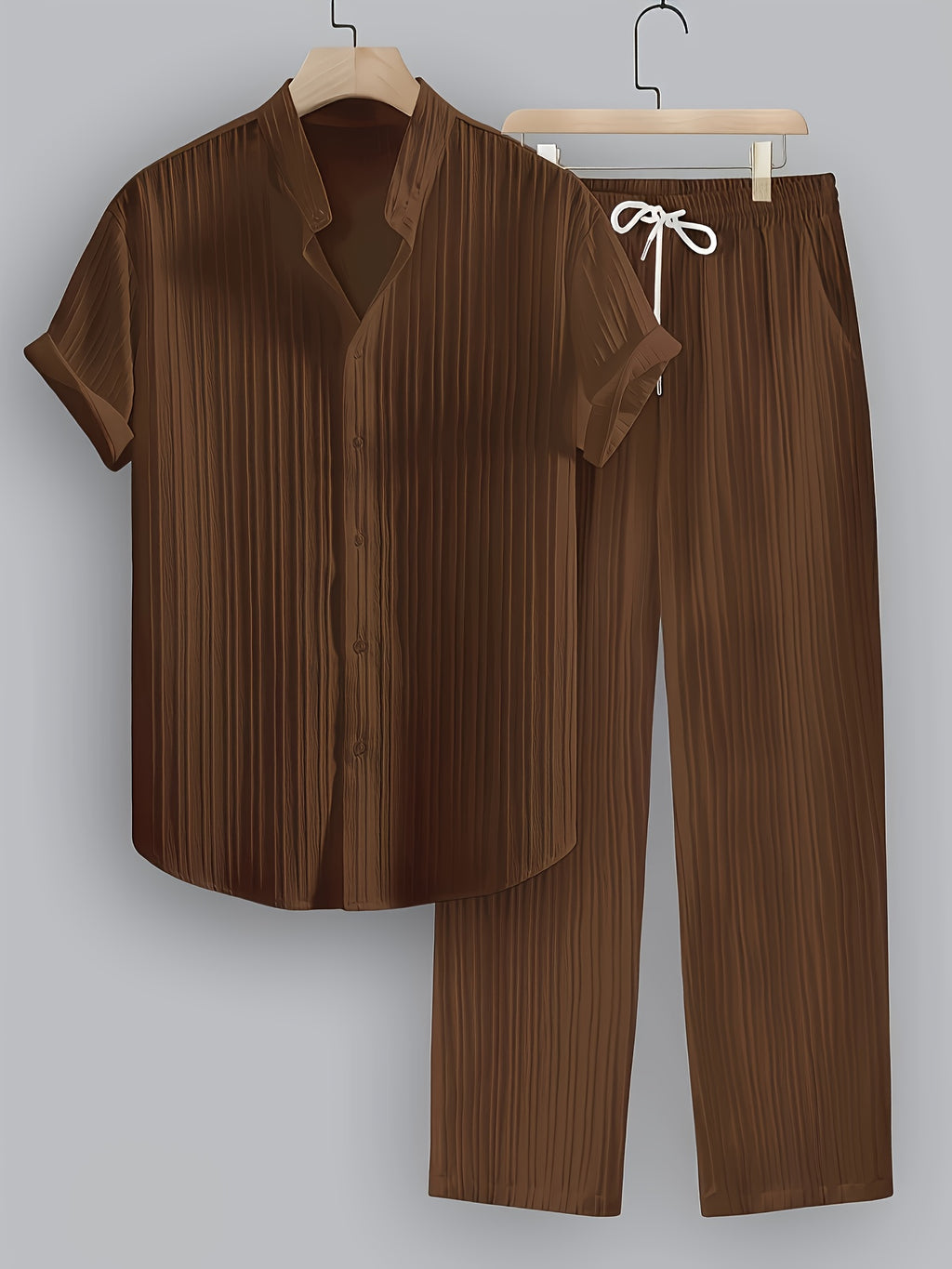 Men'S Summer Casual 2-Piece Striped Polyester Set