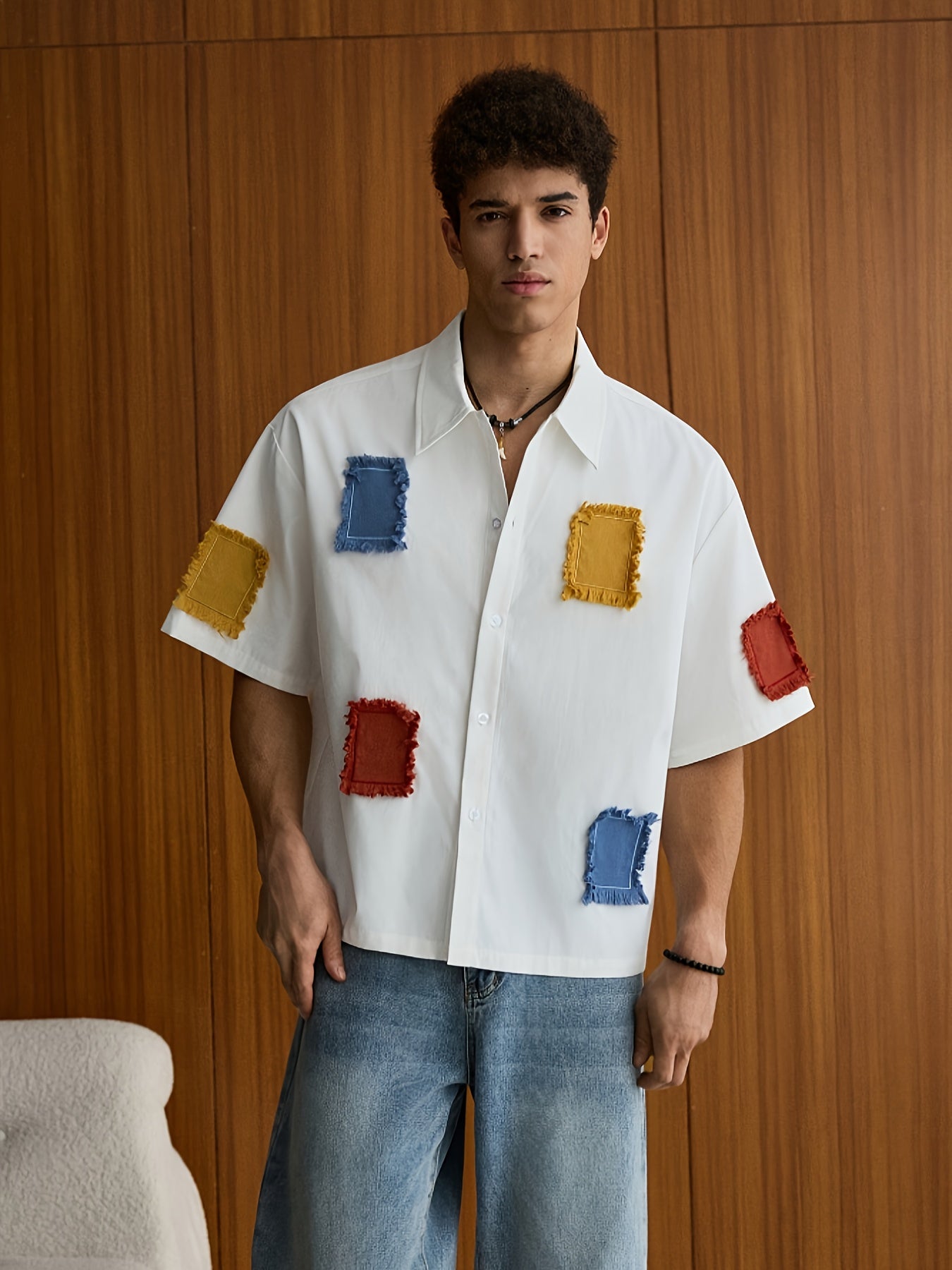 Men'S Summer Casual Color Block Patchwork Short Sleeve Shirt