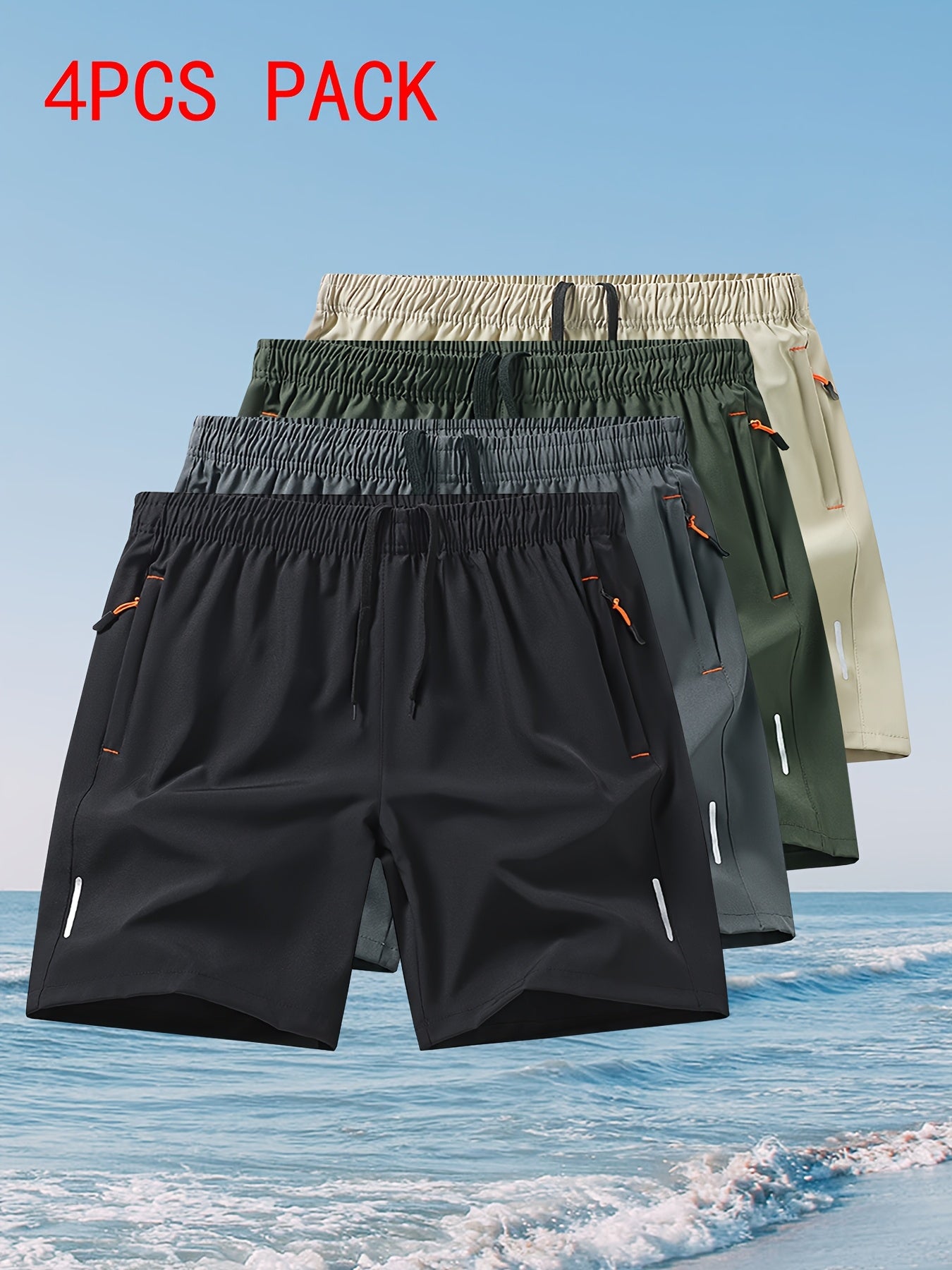 4pcs Men's Quick-Dry Swim Shorts with Zippered Pockets