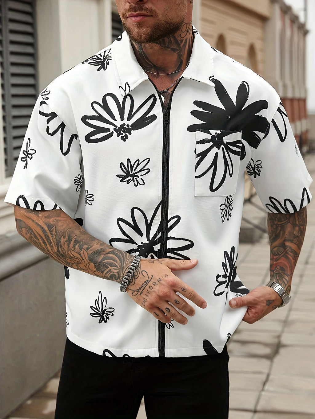 Men's Casual Shirt - Black & White Floral print button-up front
