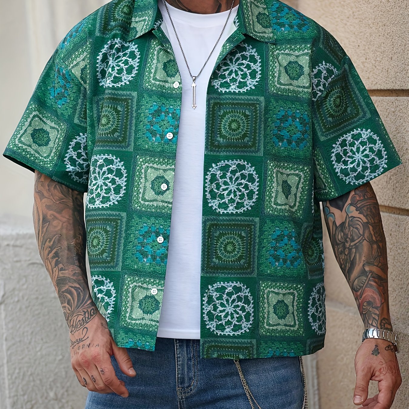 Men'S Vintage Floral Print Short Sleeve Shirt - Green & White Geometric Pattern