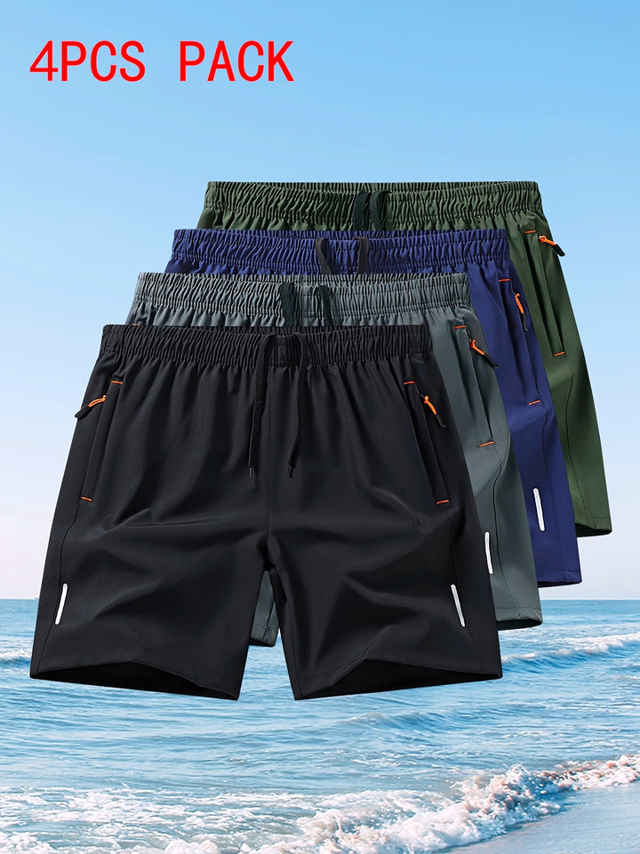 4pcs Men's Quick-Dry Swim Shorts with Zippered Pockets