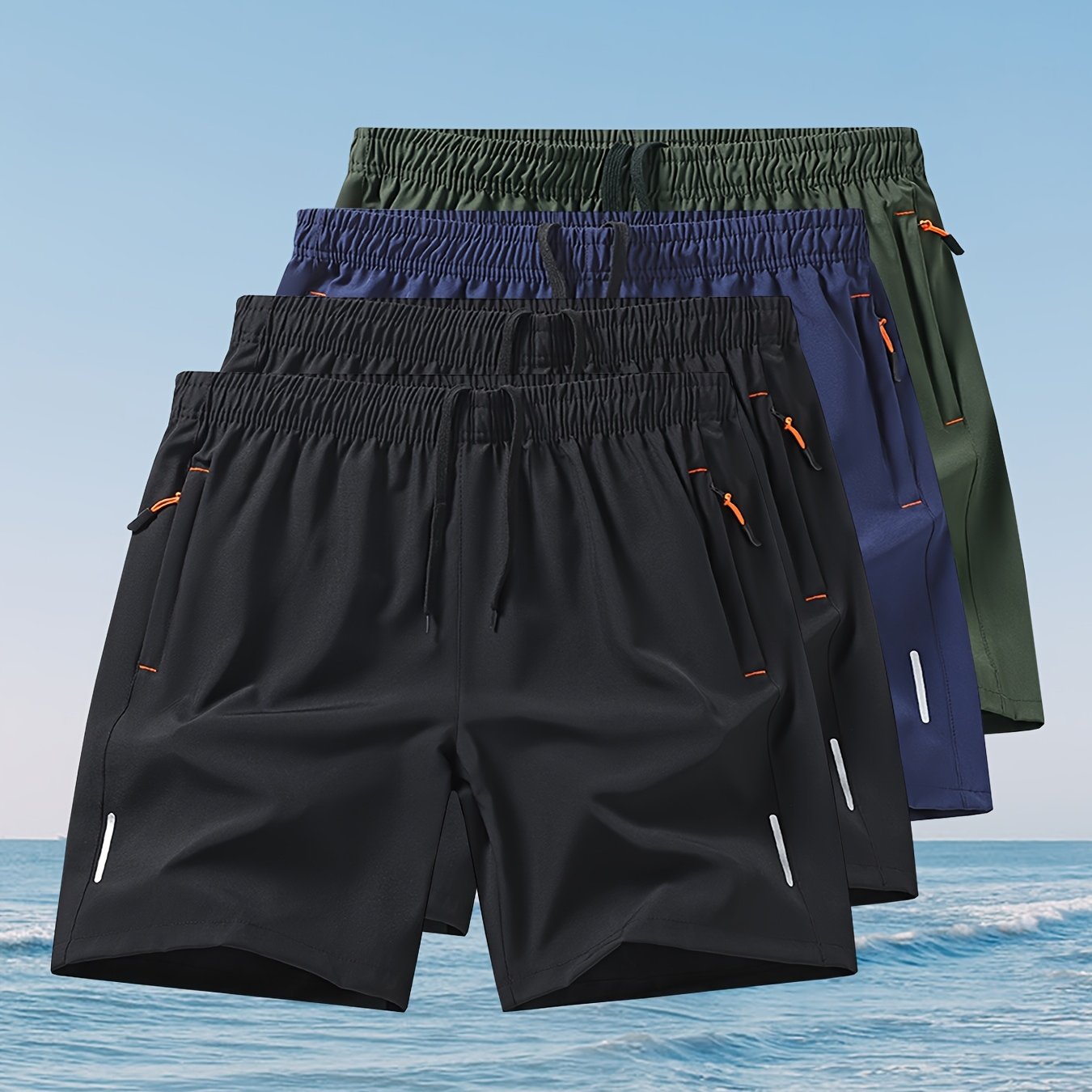 4pcs Men's Quick-Dry Swim Shorts with Zippered Pockets