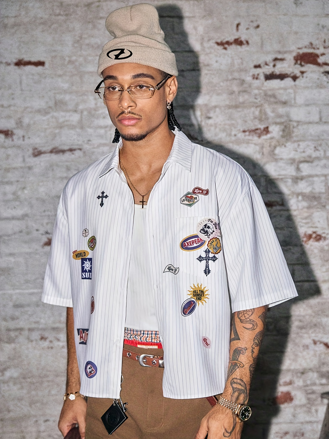 Men's Summer Casual Striped Print Shirt, Turn- Collar