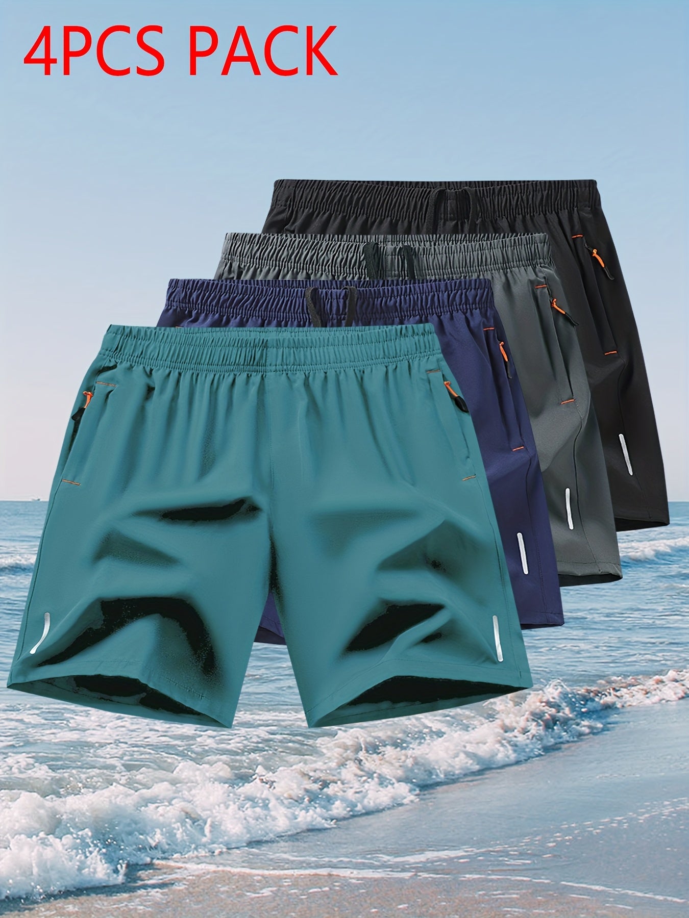 4pcs Men's Quick-Dry Swim Shorts with Zippered Pockets