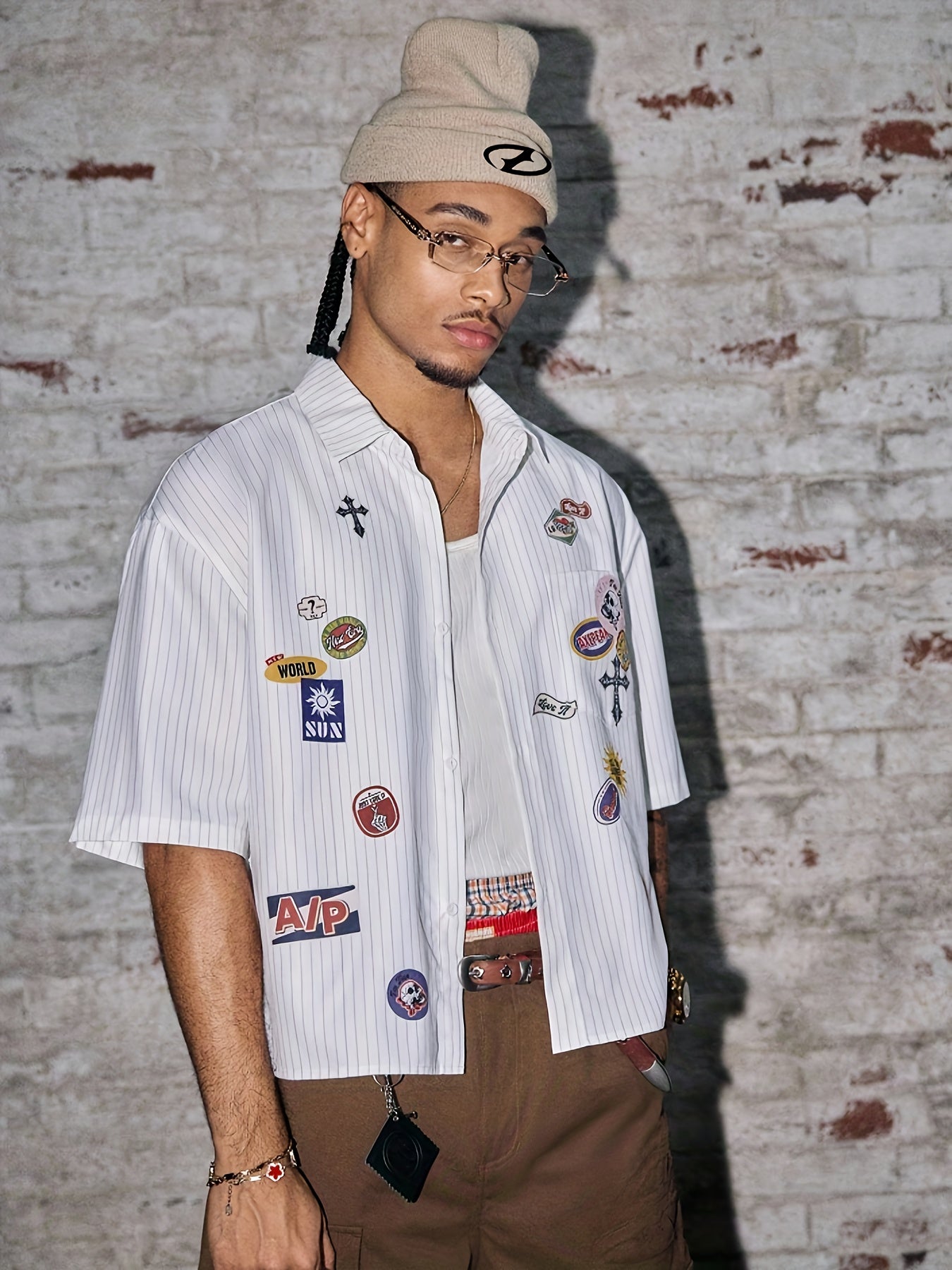 Men's Summer Casual Striped Print Shirt, Turn- Collar