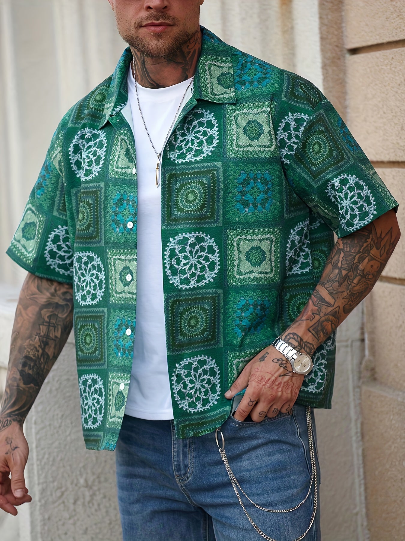 Men'S Vintage Floral Print Short Sleeve Shirt - Green & White Geometric Pattern