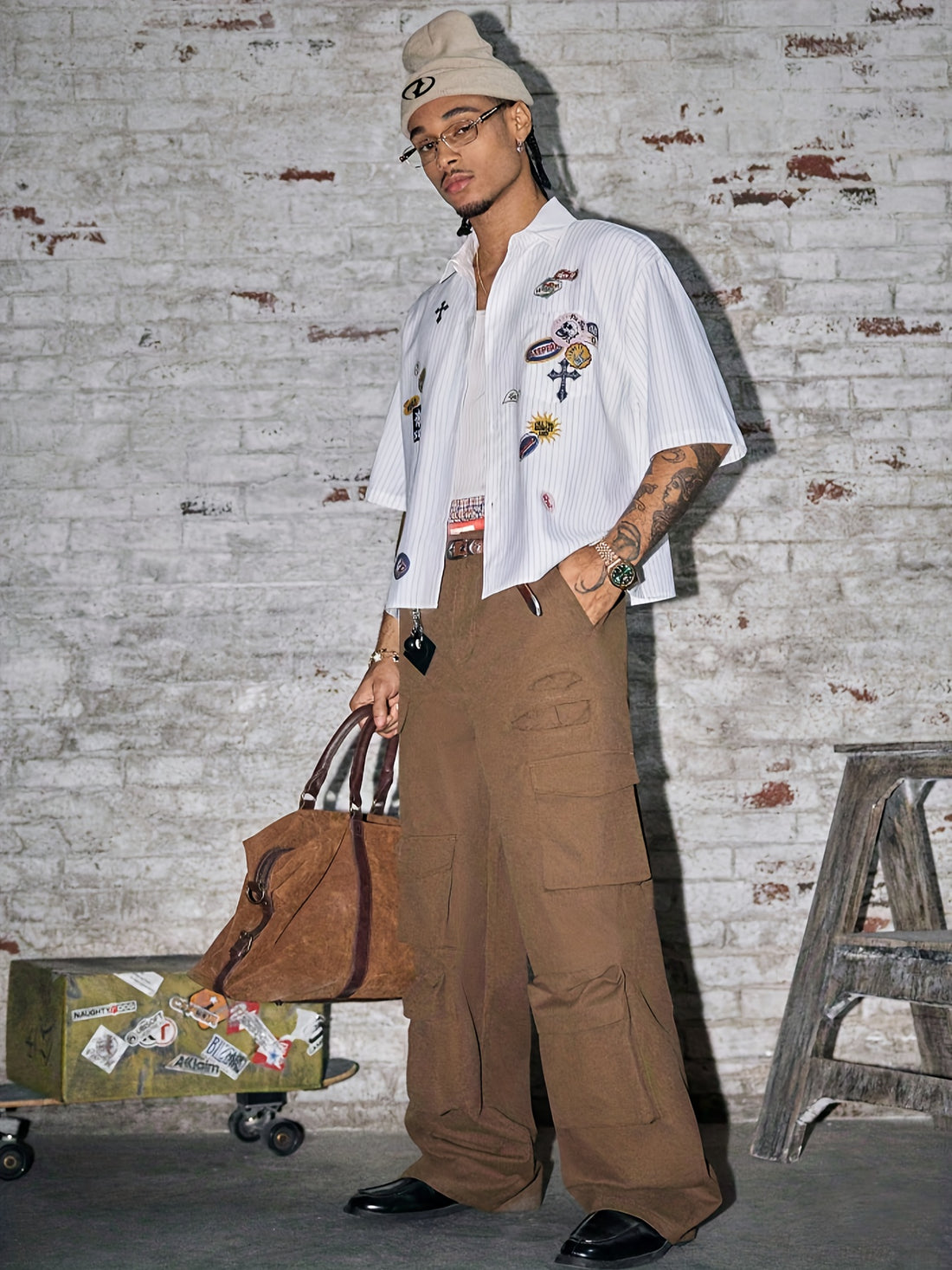 Men's Summer Casual Striped Print Shirt, Turn- Collar