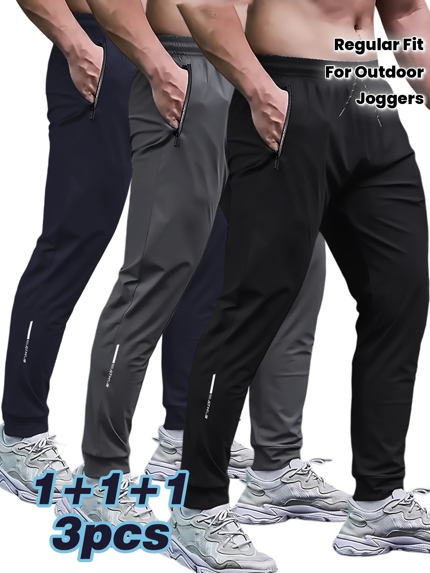 3-Pack Men'S Athletic Joggers, Breathable Polyester Sports Pants