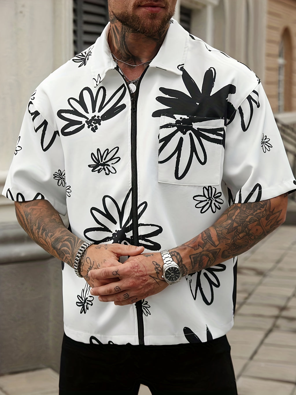Men's Casual Shirt - Black & White Floral print button-up front