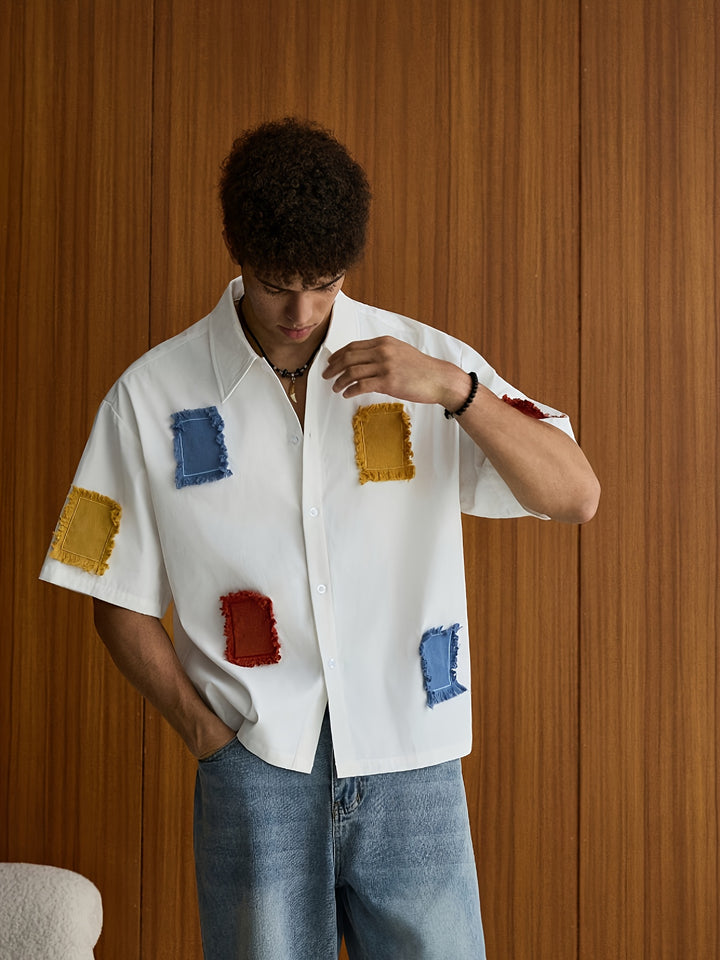Men'S Summer Casual Color Block Patchwork Short Sleeve Shirt