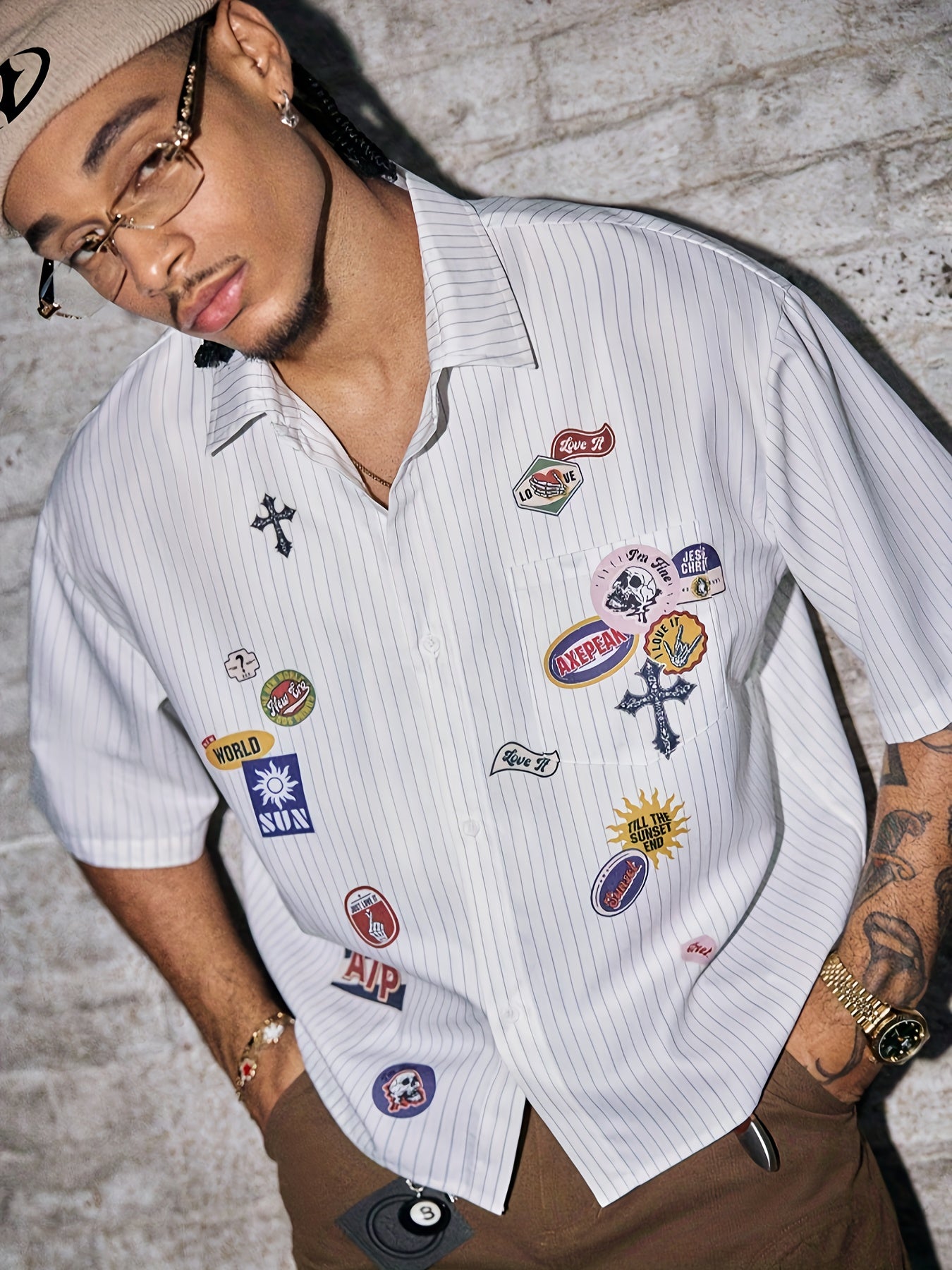 Men's Summer Casual Striped Print Shirt, Turn- Collar