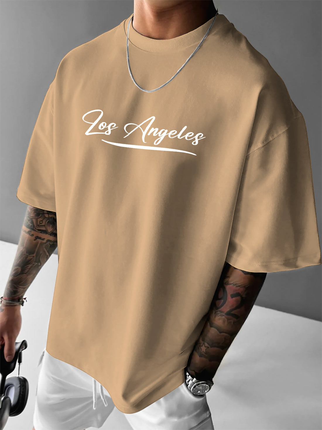LA 23 Graphic T-Shirt - Beige Los Angeles Streetwear Tee with Palm Trees