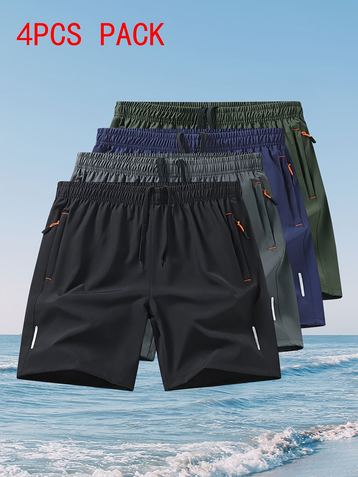 4pcs Men's Quick-Dry Swim Shorts with Zippered Pockets