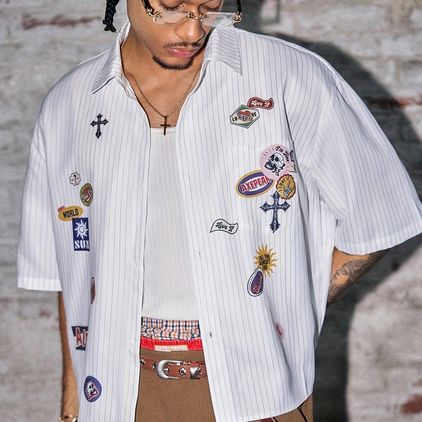 Men's Summer Casual Striped Print Shirt, Turn- Collar