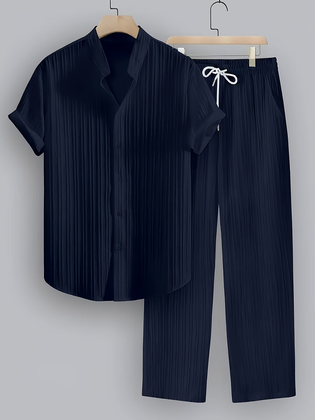 Men'S Summer Casual 2-Piece Striped Polyester Set