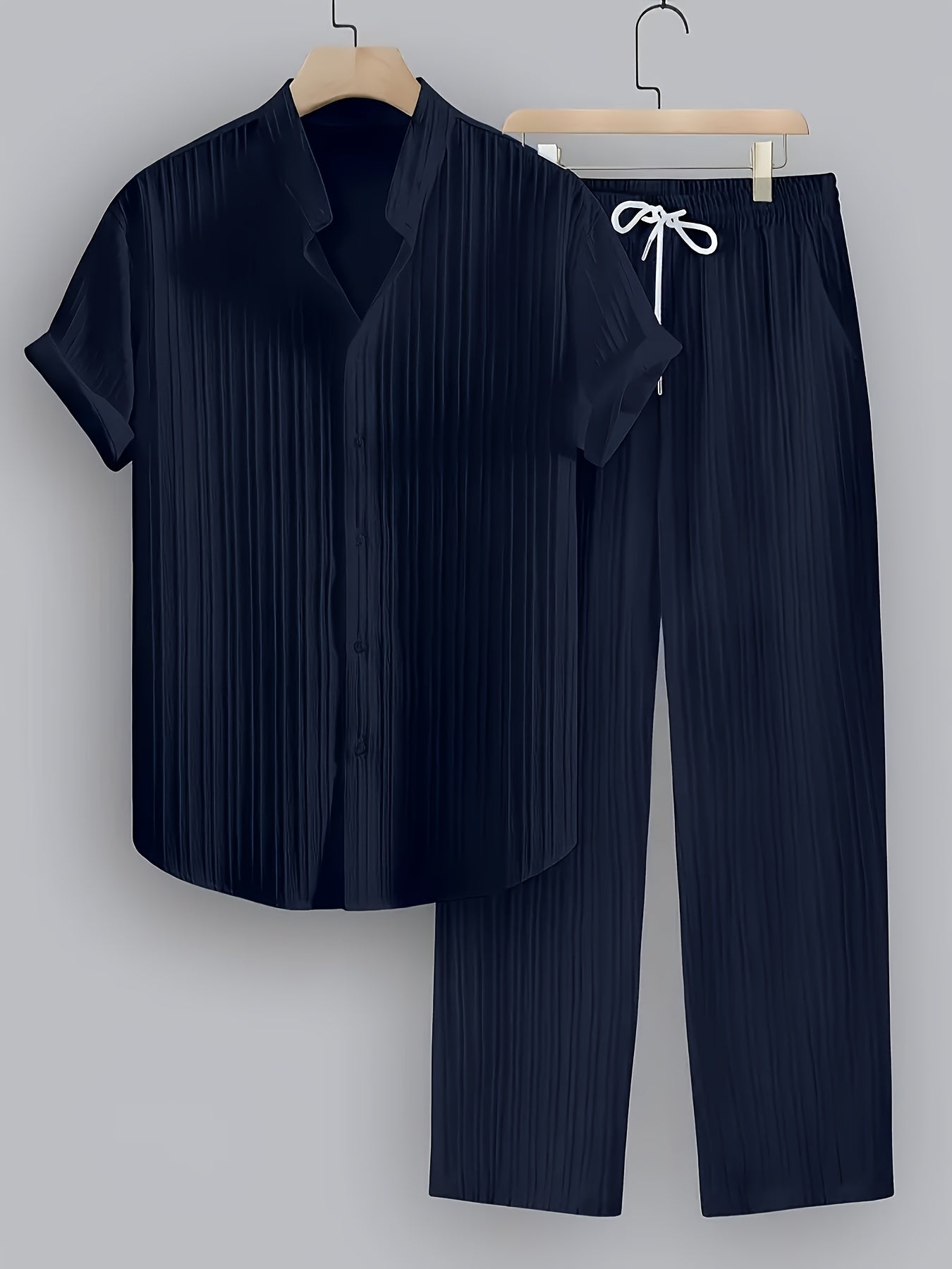 Men'S Summer Casual 2-Piece Striped Polyester Set