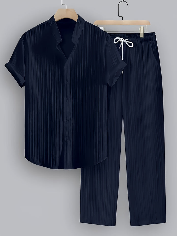 Men'S Summer Casual 2-Piece Striped Polyester Set