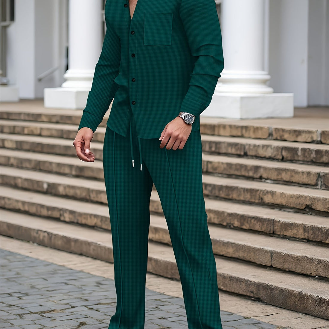 Men's Two-Piece Set with a Long-Sleeve Cardigan with Pockets