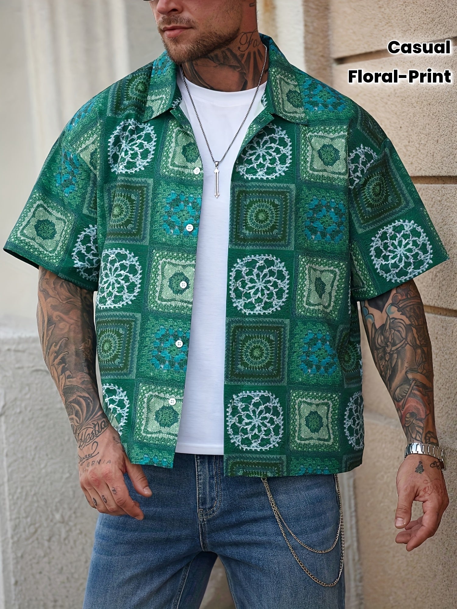 Men'S Vintage Floral Print Short Sleeve Shirt - Green & White Geometric Pattern