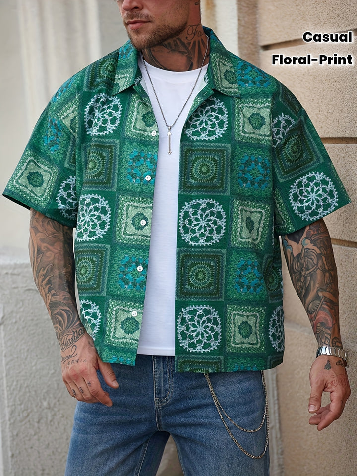 Men'S Vintage Floral Print Short Sleeve Shirt - Green & White Geometric Pattern