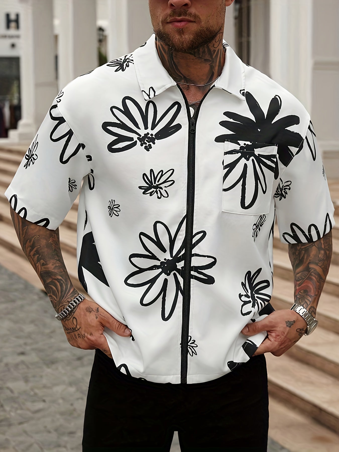 Men's Casual Shirt - Black & White Floral print button-up front