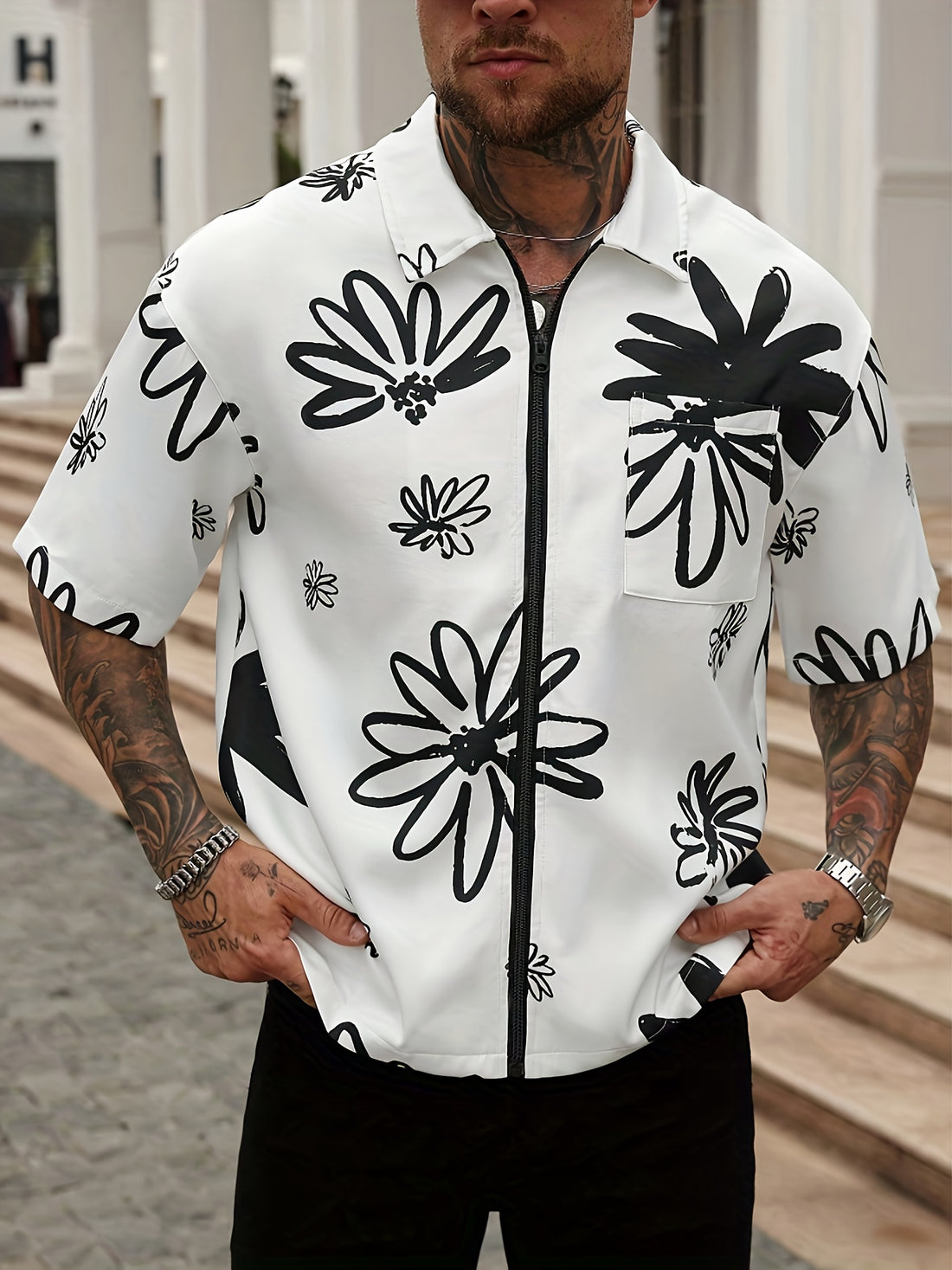 Men's Casual Shirt - Black & White Floral print button-up front