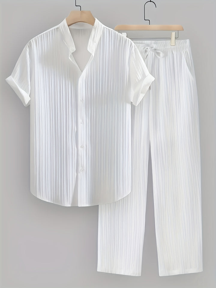 Men'S Summer Casual 2-Piece Striped Polyester Set