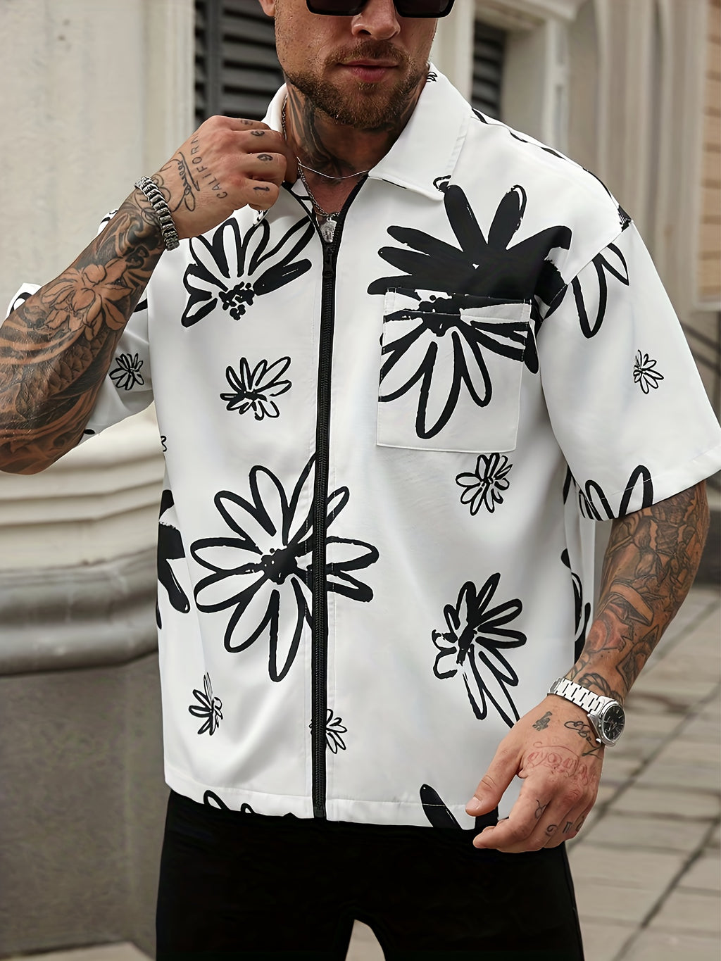 Men's Casual Shirt - Black & White Floral print button-up front