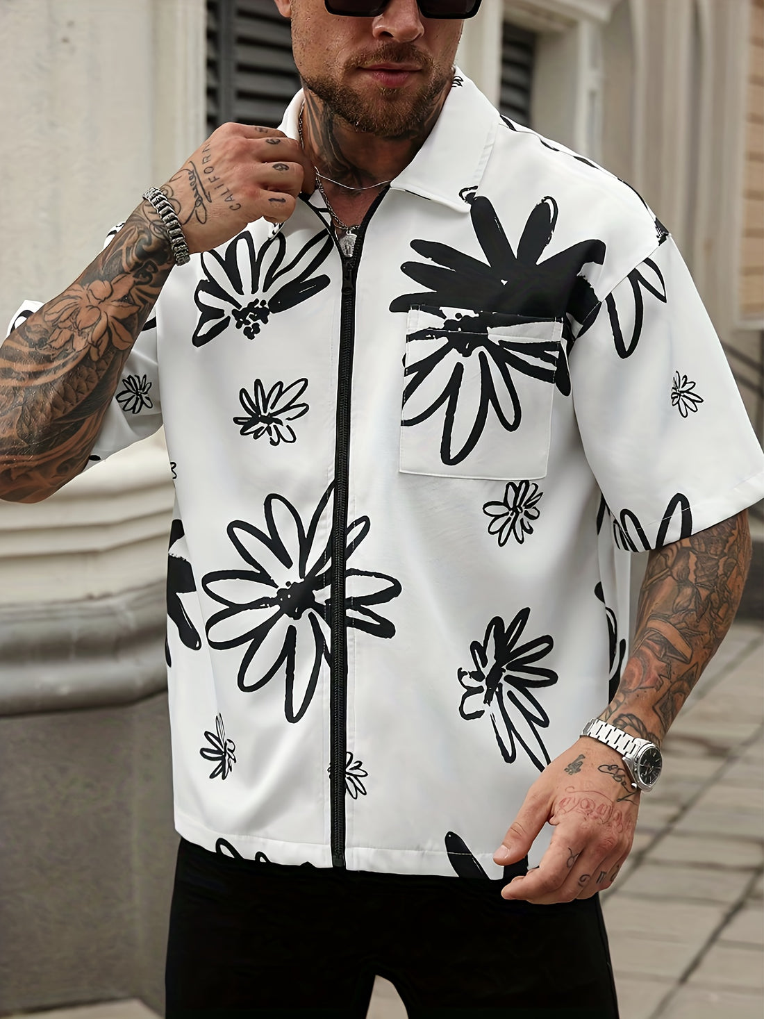 Men's Casual Shirt - Black & White Floral print button-up front