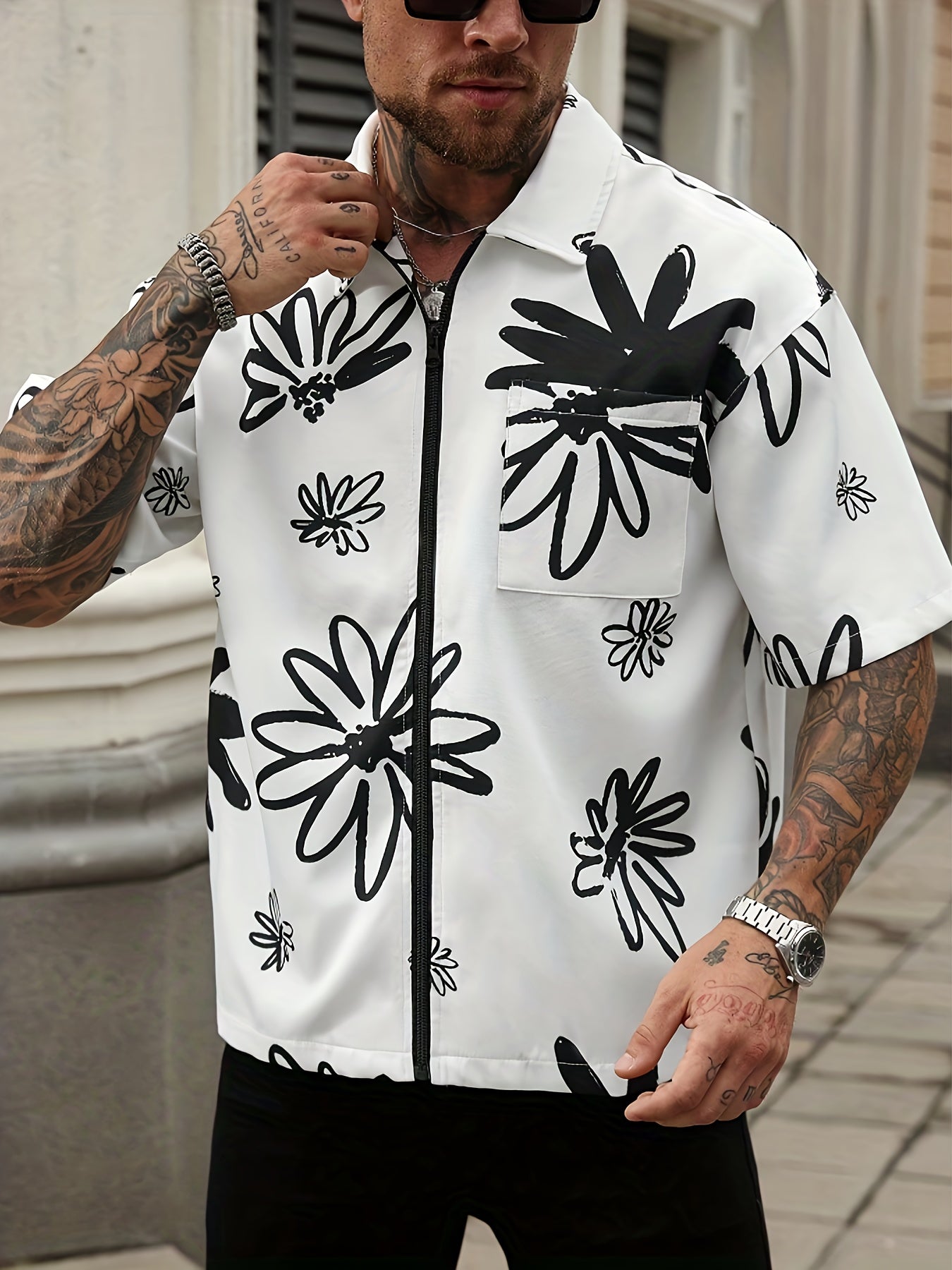 Men's Casual Shirt - Black & White Floral print button-up front