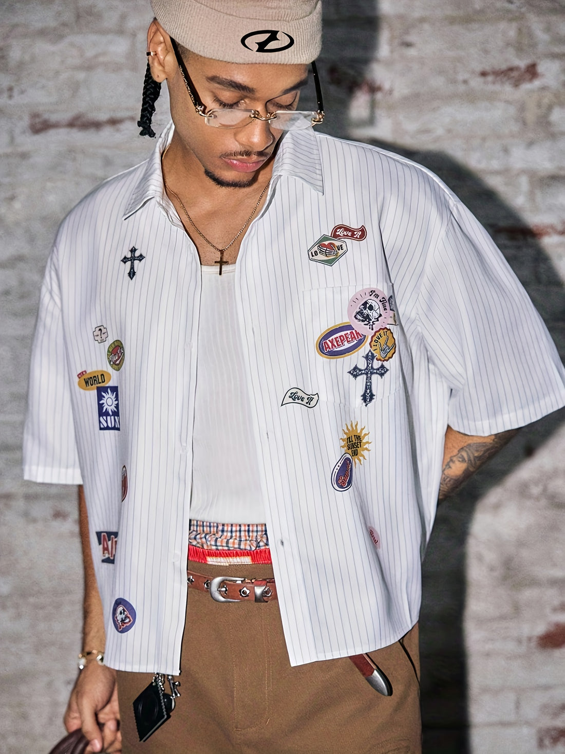 Men's Summer Casual Striped Print Shirt, Turn- Collar