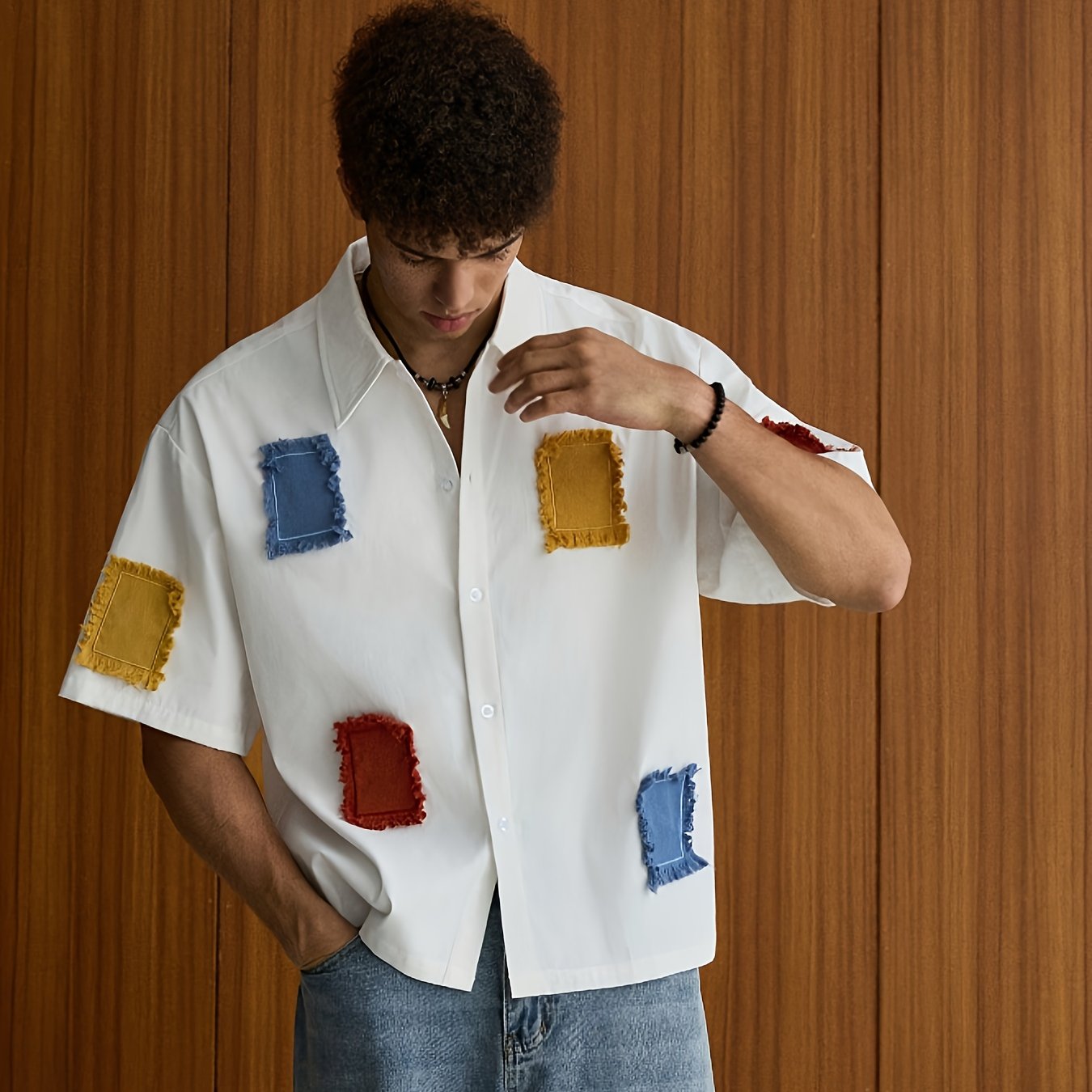 Men'S Summer Casual Color Block Patchwork Short Sleeve Shirt