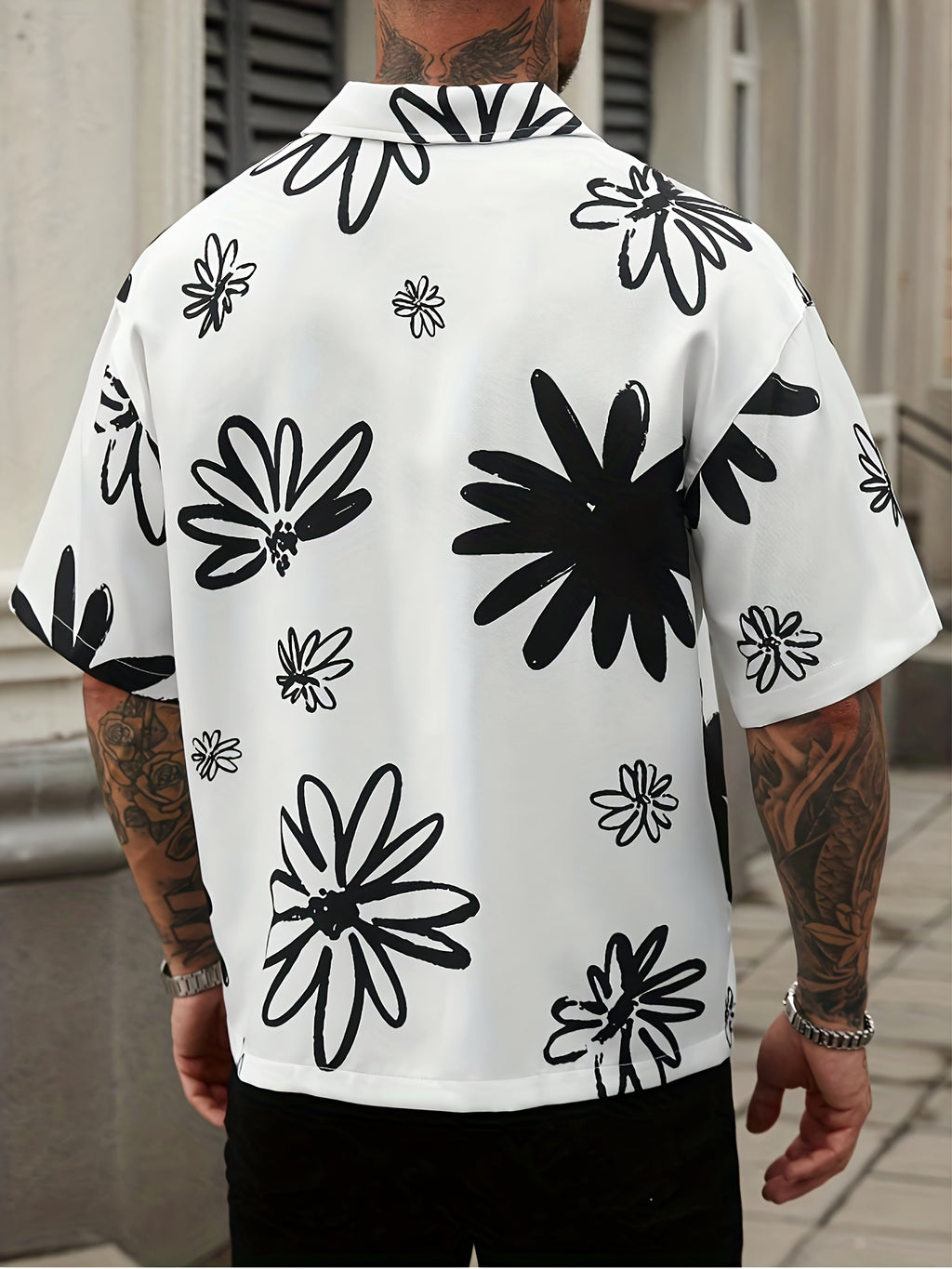 Men's Casual Shirt - Black & White Floral print button-up front
