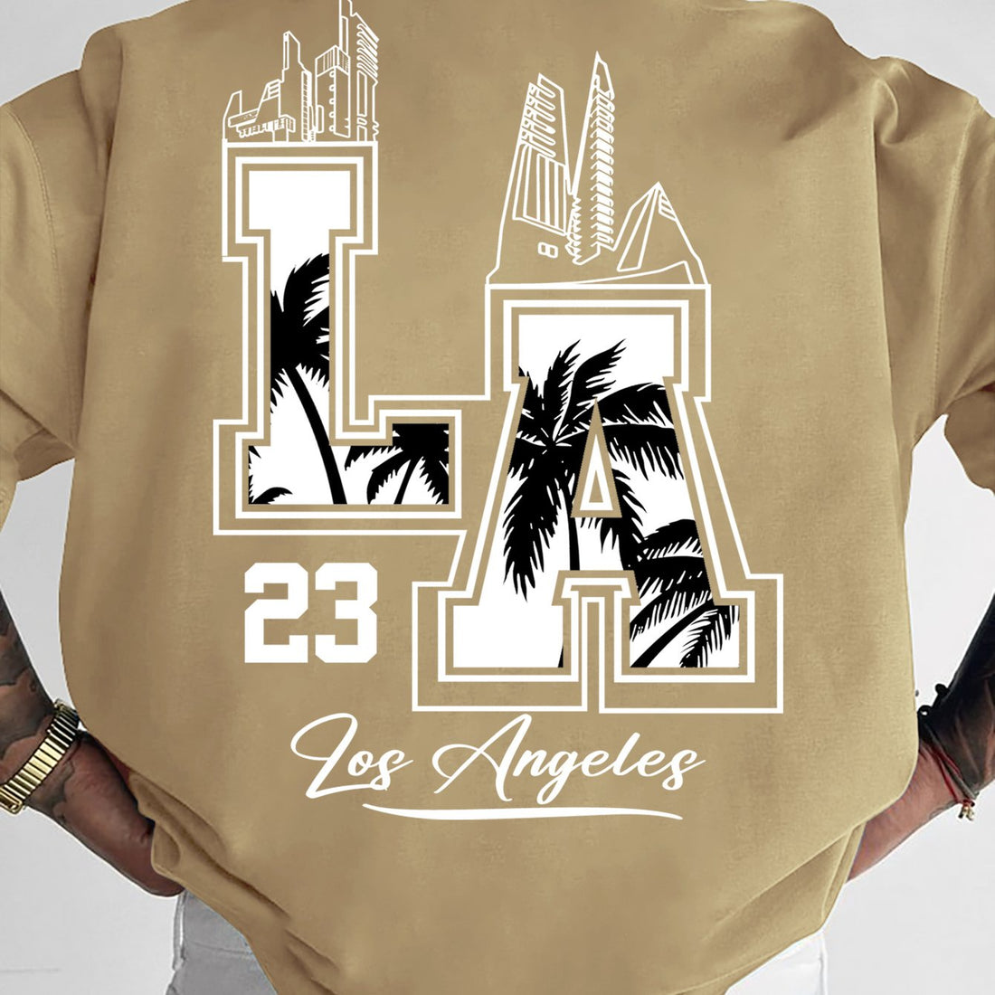 LA 23 Graphic T-Shirt - Beige Los Angeles Streetwear Tee with Palm Trees