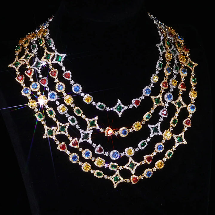 Sparkling Colored Zircon Iced Out Crystal Necklace and Bracelet