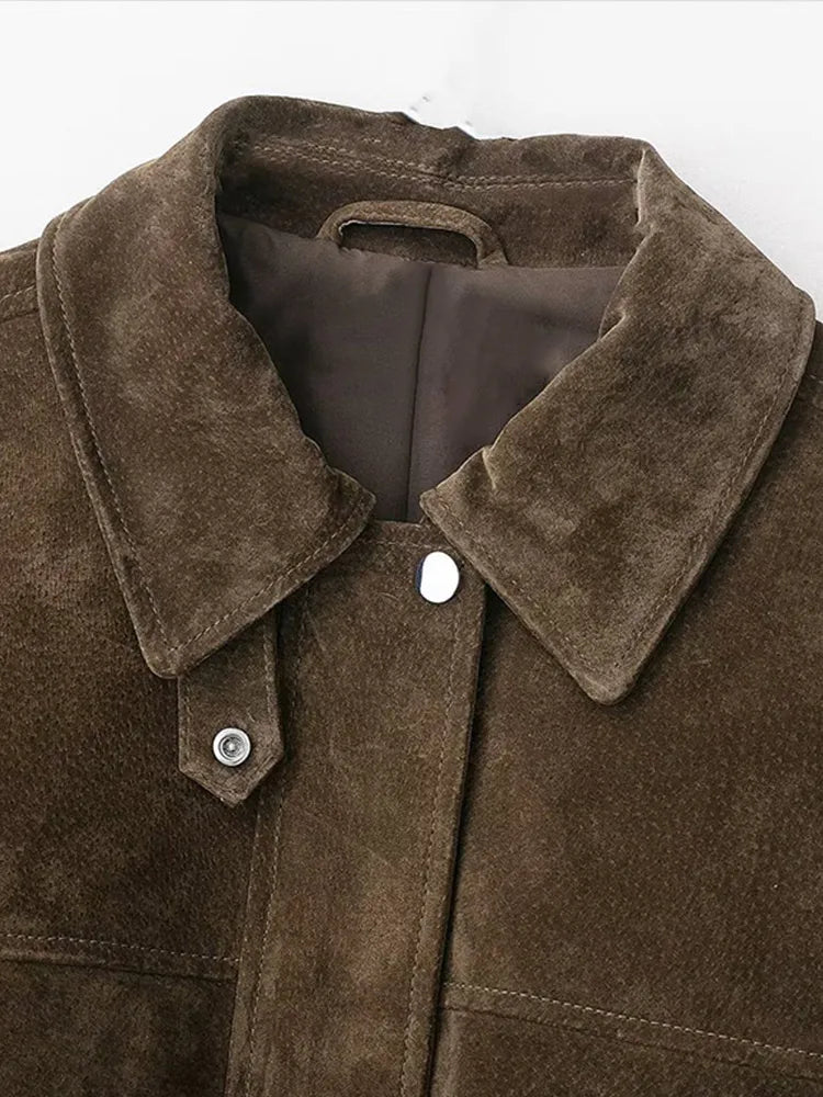 Vintage Turn-down Suede Jacket with Breasted Pocket