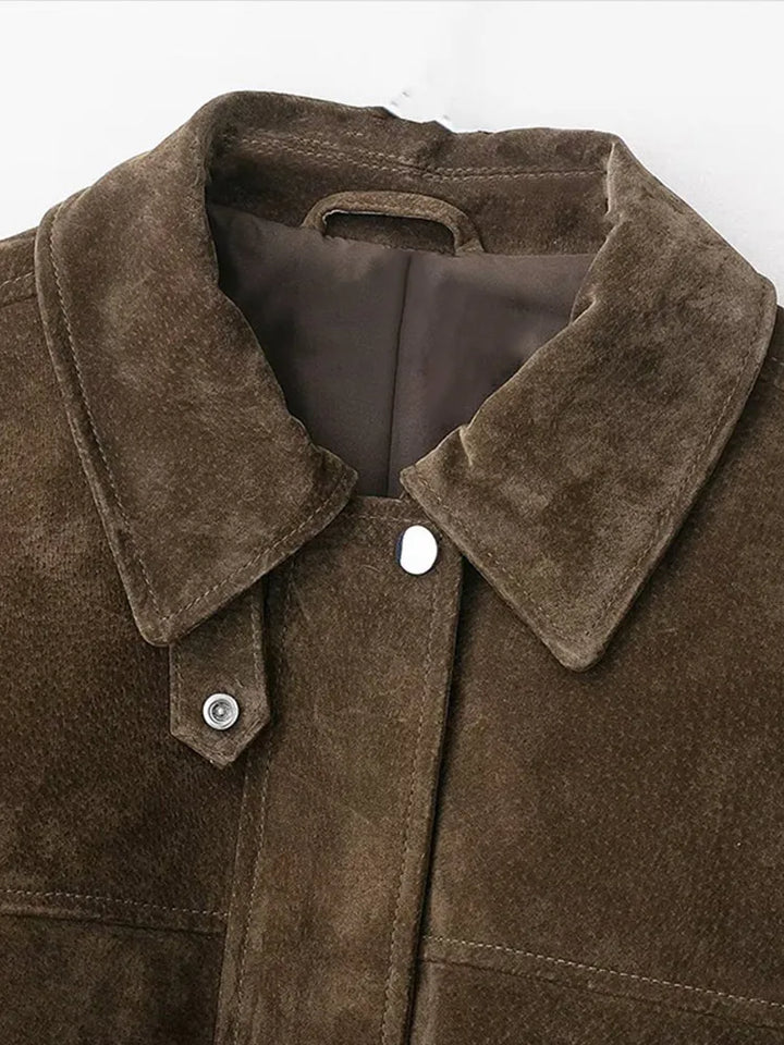 Vintage Turn-down Suede Jacket with Breasted Pocket