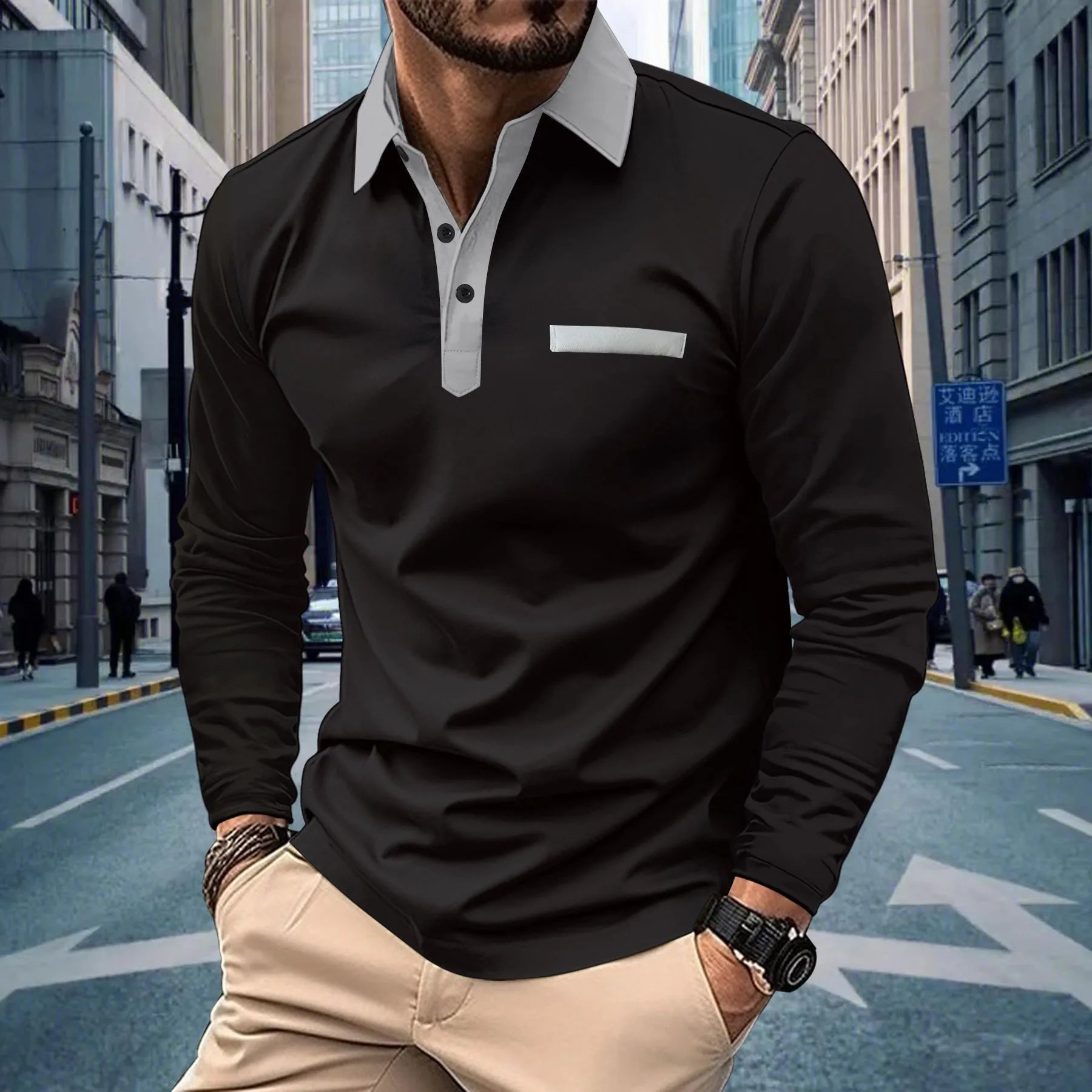 2025 new spring and autumn men with solid color casual button lapel long sleeve pocket POLO shirt shirt