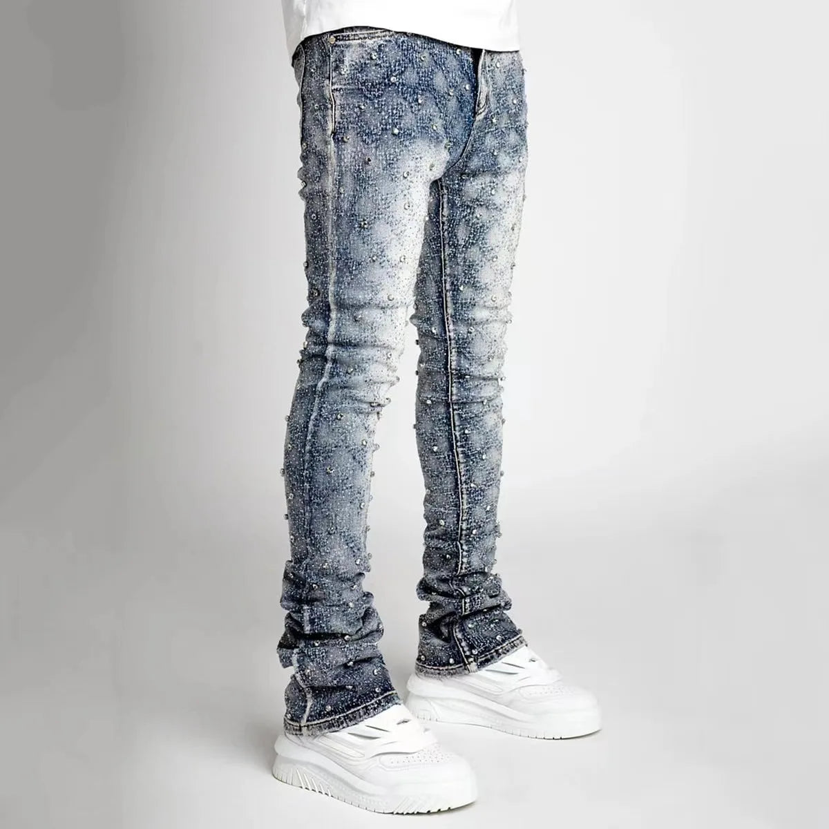 Blue Stretchy Stacked Pearls Skinny Jeans For Men 2024