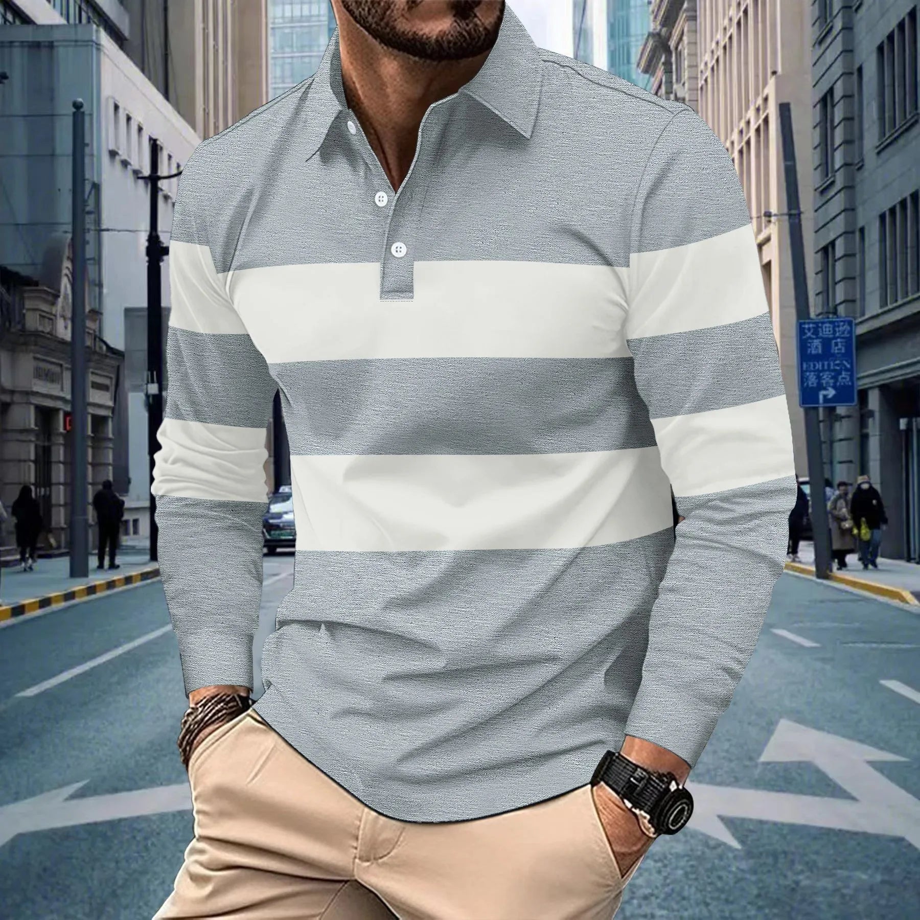 2025 autumn men's top hot selling new long-sleeved striped lapel casual T-shirt POLO shirt