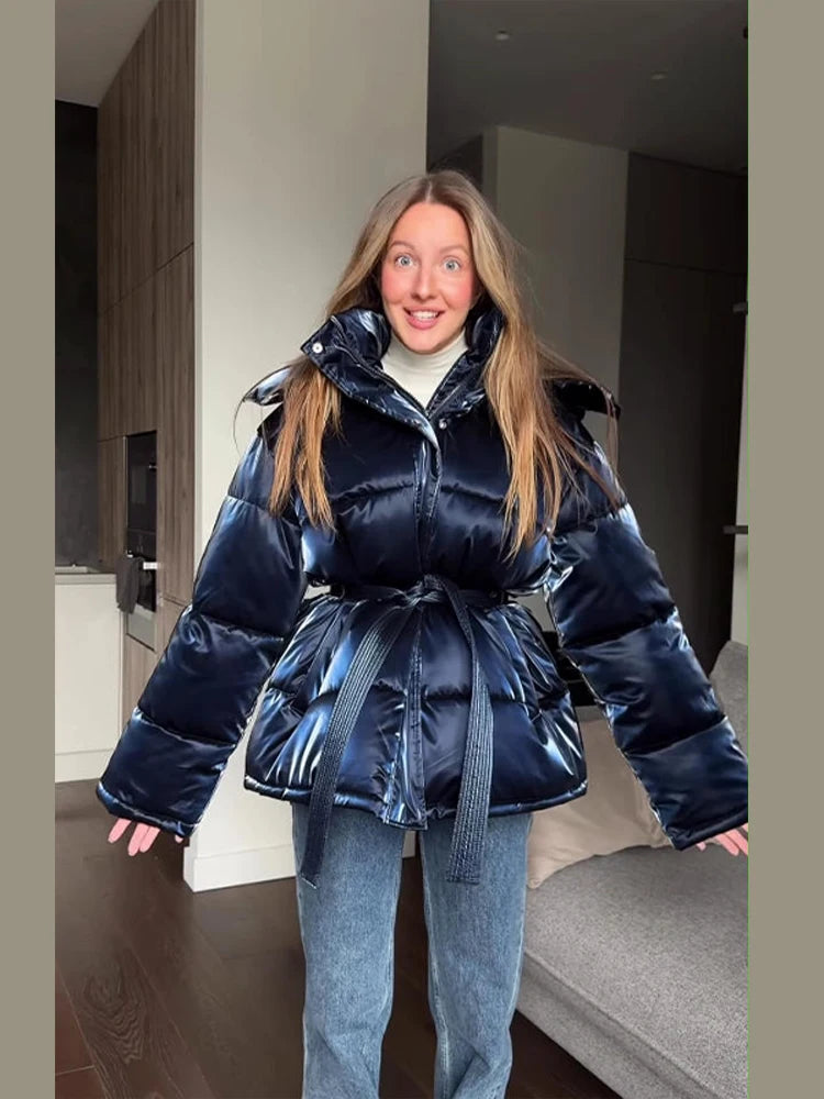 Shiny Colored Women's Down Hooded Winter Jacket with Waist-Defining Belt