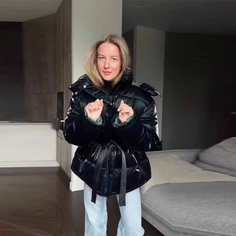 Shiny Colored Women's Down Hooded Winter Jacket with Waist-Defining Belt