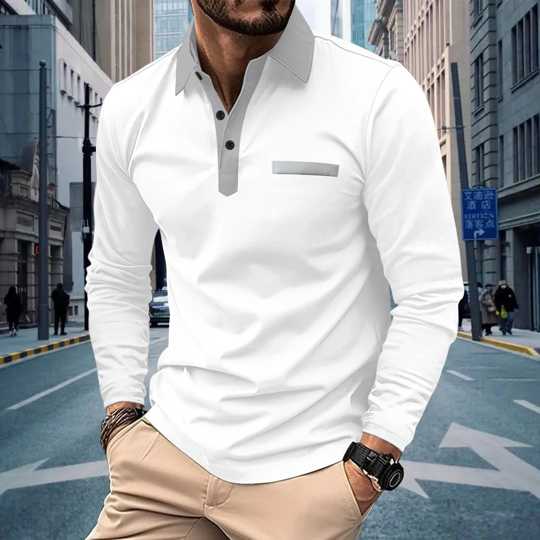 2025 new spring and autumn men with solid color casual button lapel long sleeve pocket POLO shirt shirt