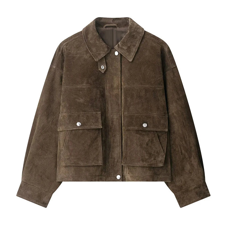 Vintage Turn-down Suede Jacket with Breasted Pocket