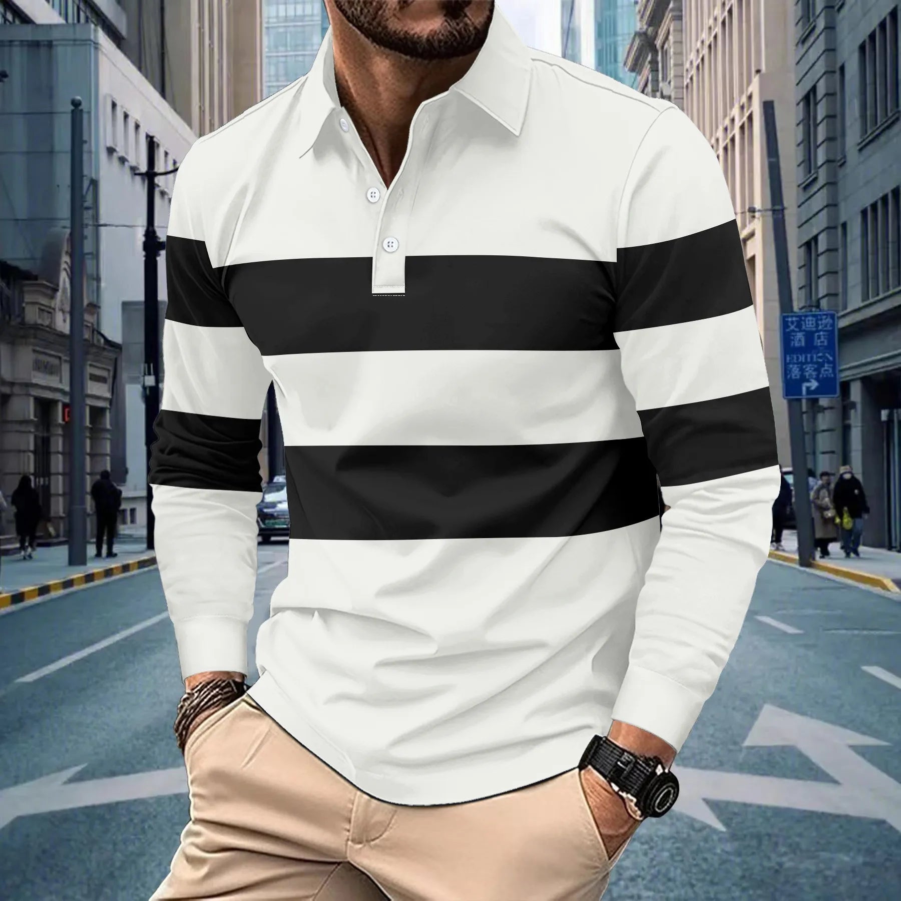 2025 autumn men's top hot selling new long-sleeved striped lapel casual T-shirt POLO shirt