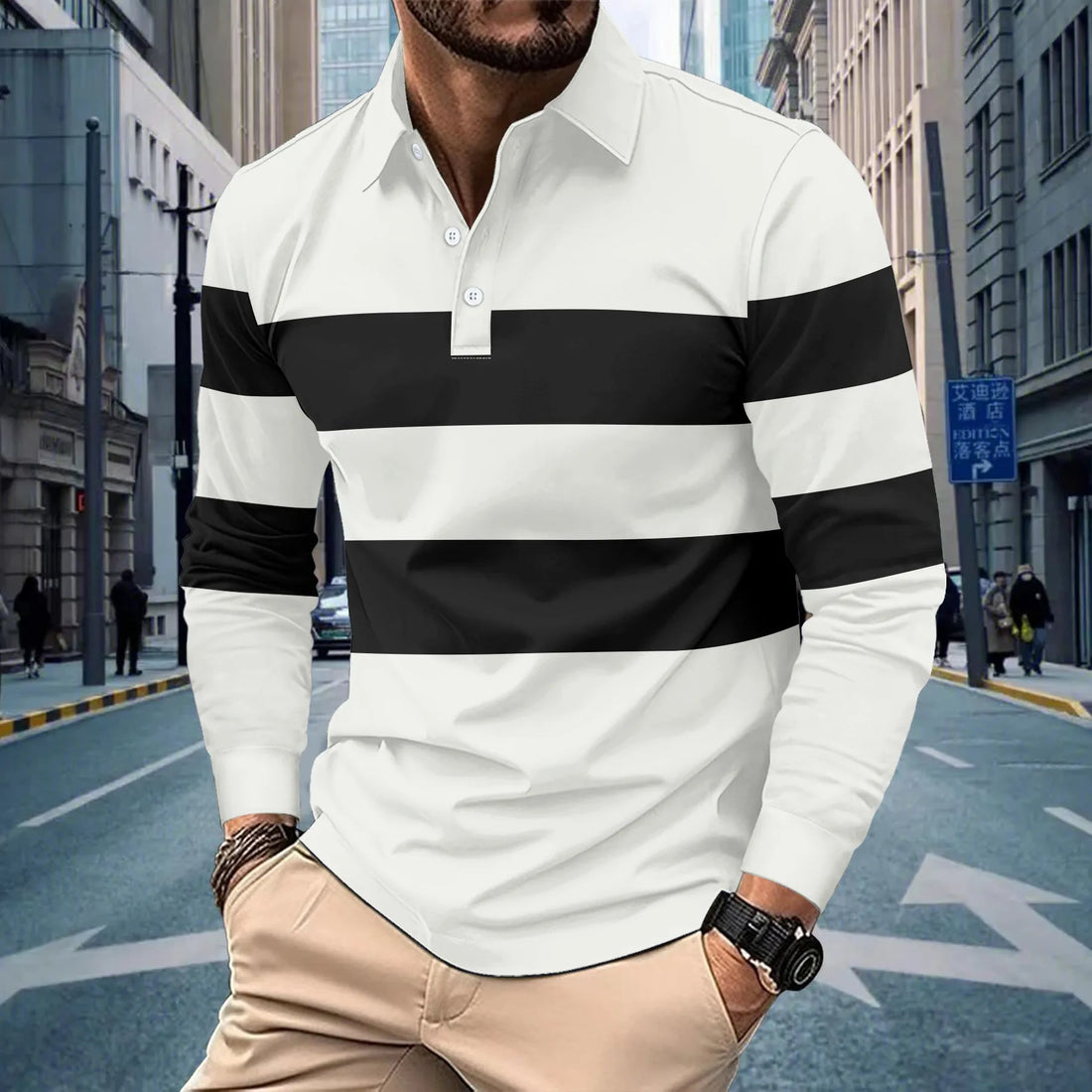 2025 autumn men's top hot selling new long-sleeved striped lapel casual T-shirt POLO shirt