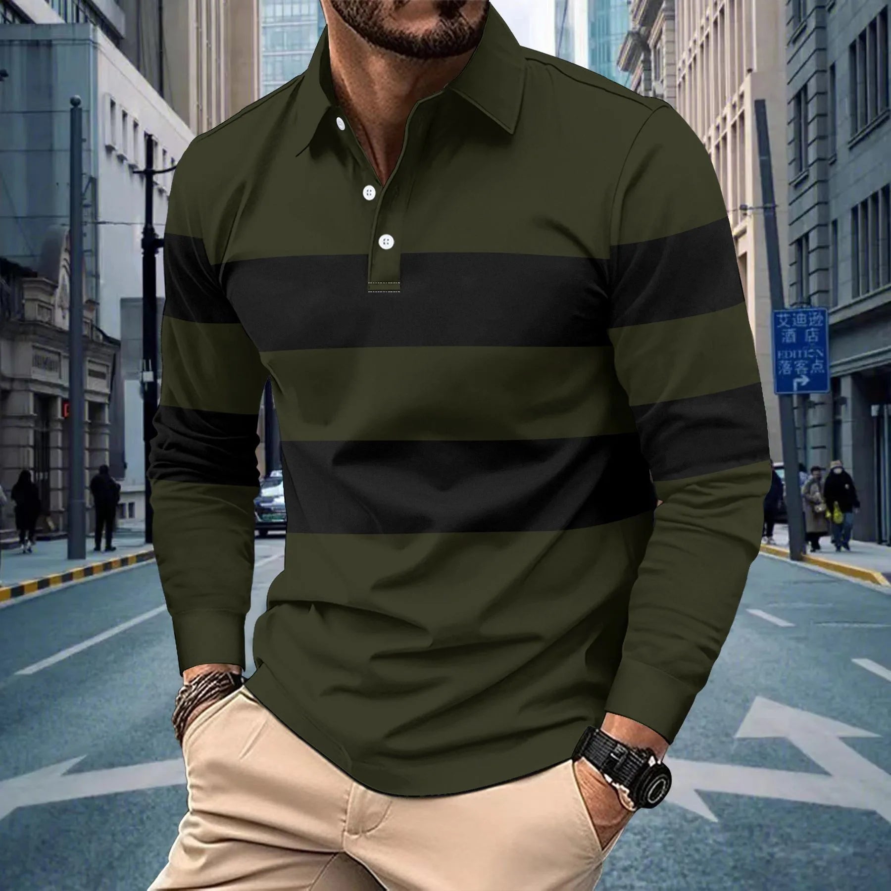 2025 autumn men's top hot selling new long-sleeved striped lapel casual T-shirt POLO shirt