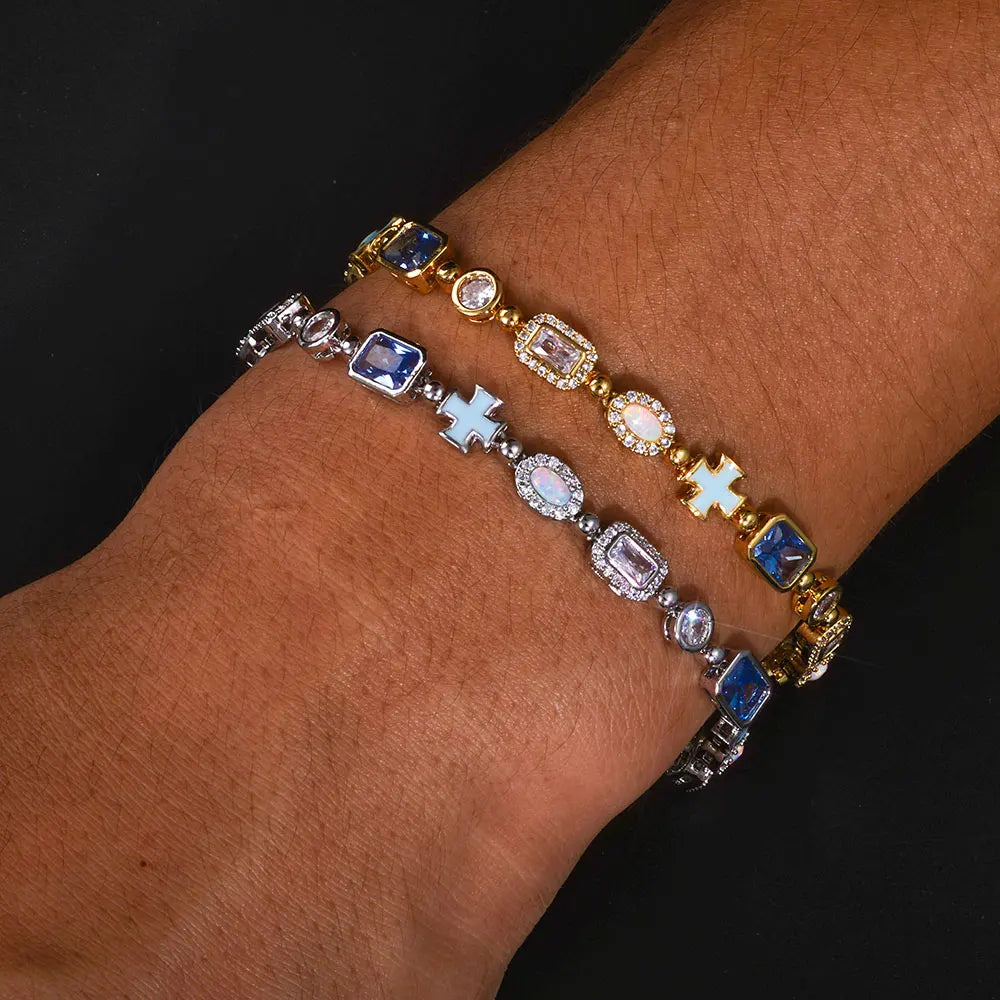 Geometric Oil Drip Blue Cross Bracelet in 6mm Iced Out